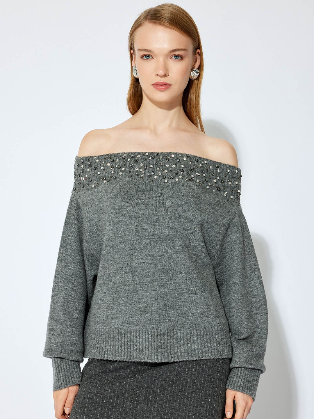 

Koton Women Off-Shoulder Pullover Sweater, Grey