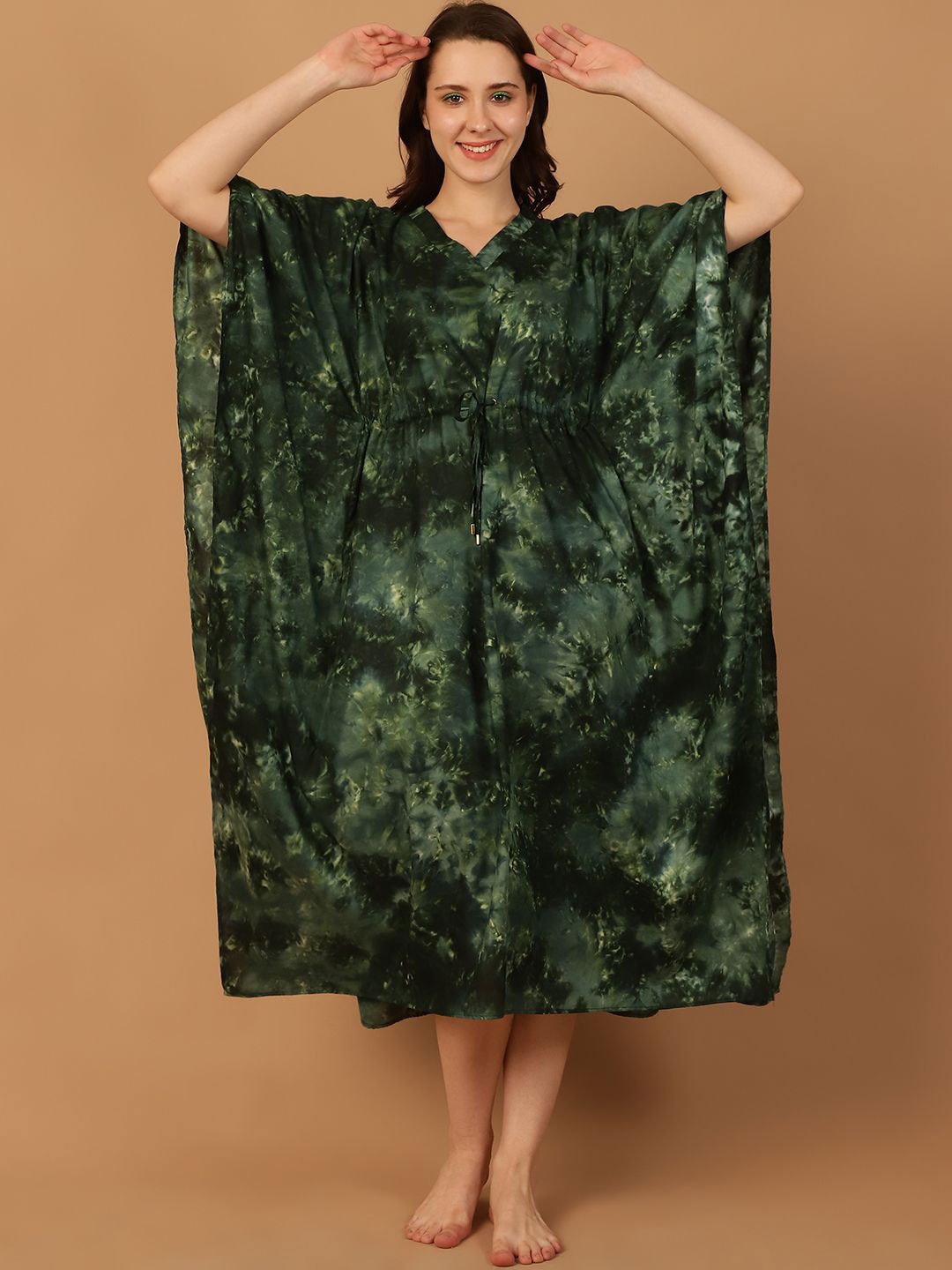 

Blissence Women Tie and Dye Printed V-Neck Kaftan Nightdress, Green
