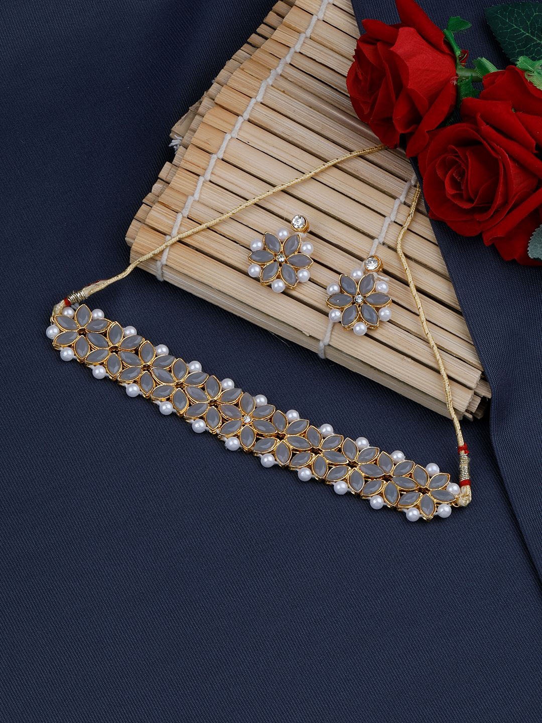 

Silver Shine Gold-Plated Stone Studded & Beaded Choker Jewellery Set