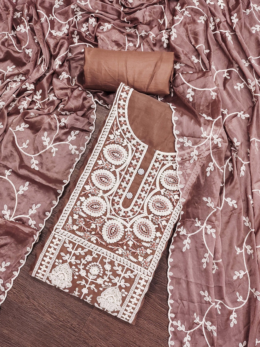 

KALINI Embroidered Organza Unstitched Dress Material, Rust
