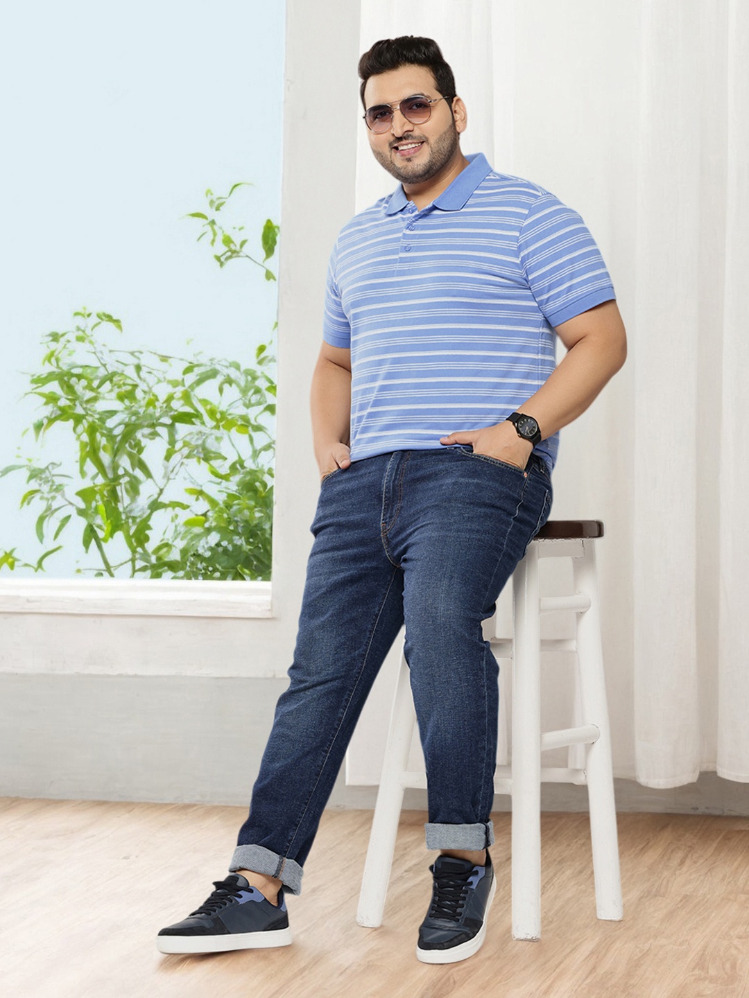 

Sztori Plus Size Pure Cotton Striped Polo Collar T-shirt, Blue
