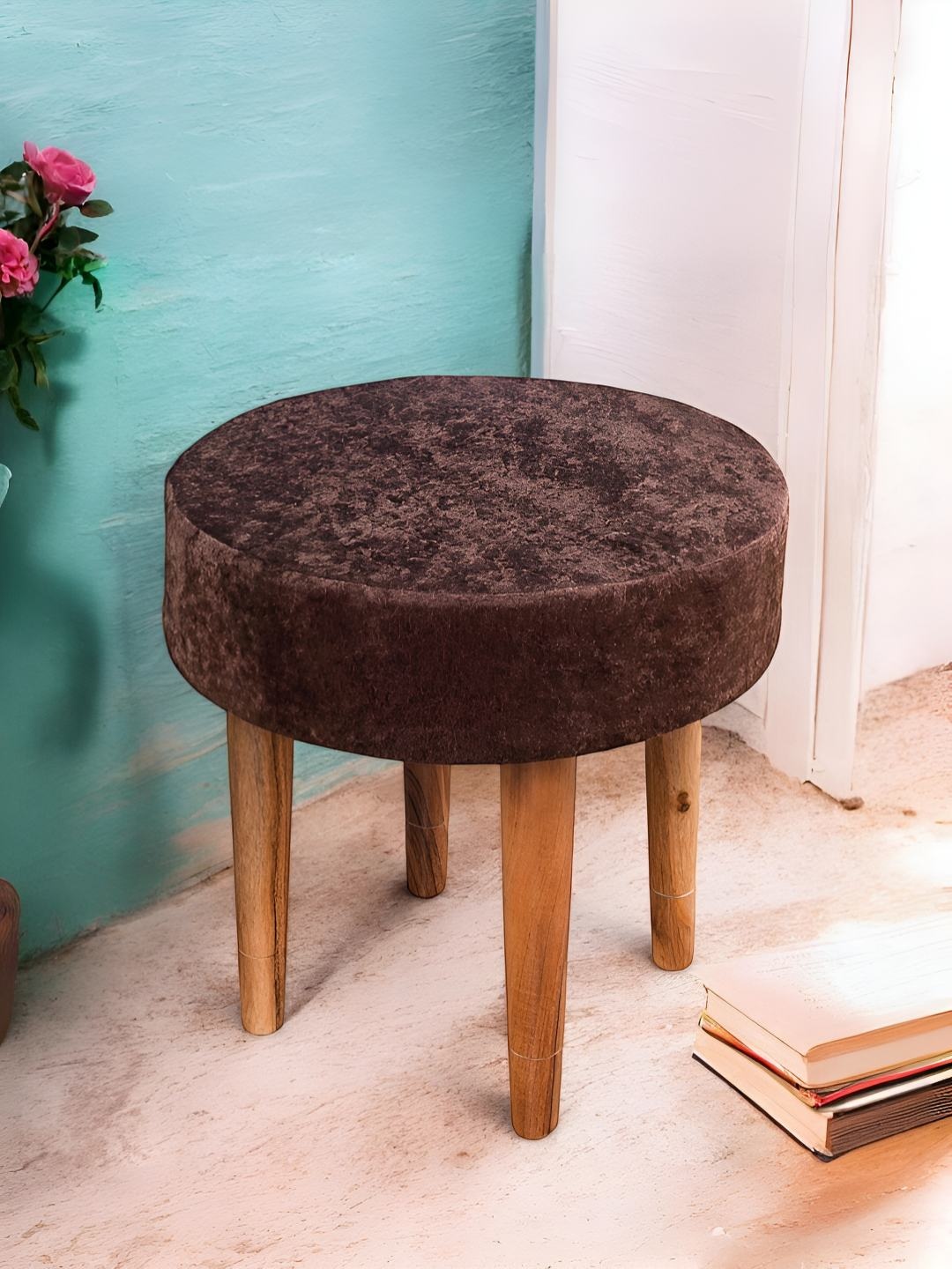 

Ikiriya Nayla Brown Velvet Sheesham Wood Round Ottoman Stool