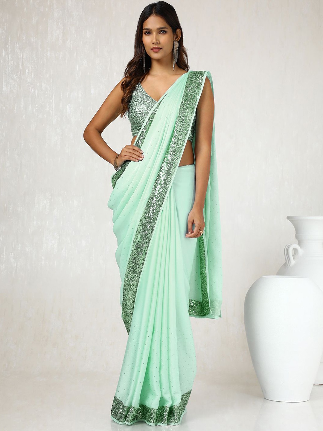 

Soch Sequined Embellished Satin Saree, Green