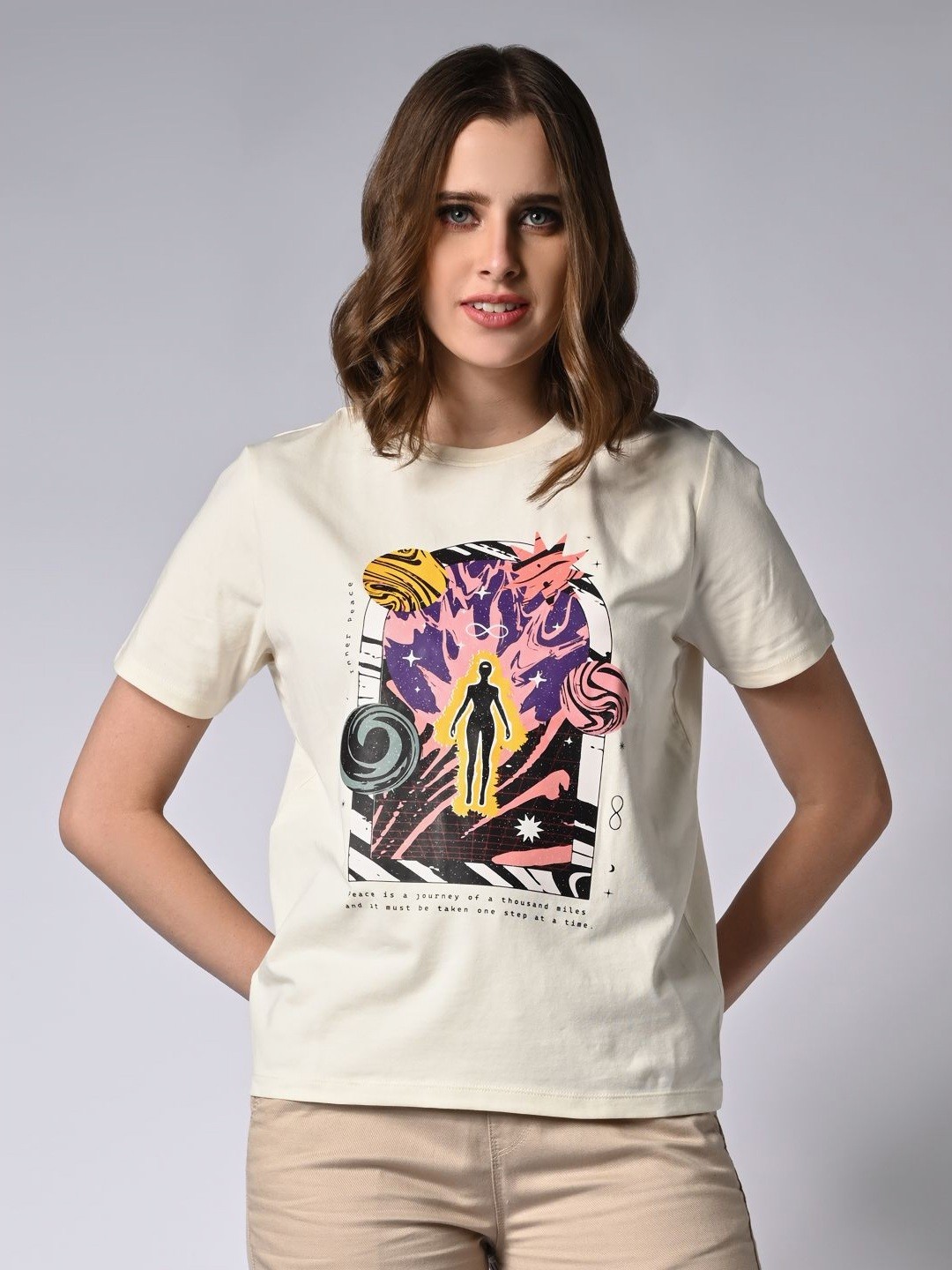 

Kraus Jeans Women Printed Extended Sleeves Slim Fit T-shirt, Beige