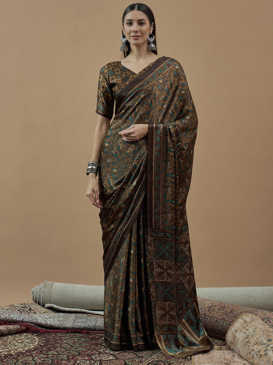 

Saree mall Floral Poly Crepe Block Print Sarees, Camel brown