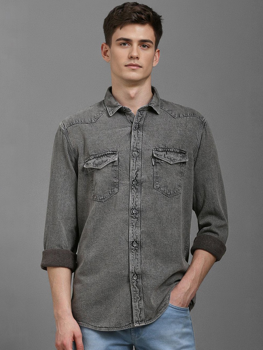 

Louis Philippe Jeans Men Spread Collar Faded Cotton Slim Fit Casual Shirt, Grey