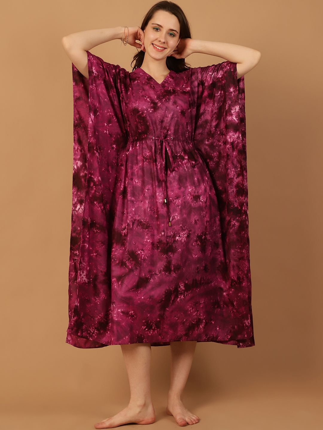 

Blissence Women Printed Maxi Kaftan Nightdress, Purple