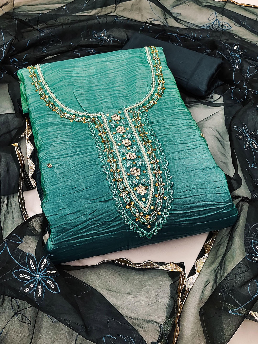 

KALINI Embellished Pure Silk Unstitched Dress Material, Teal