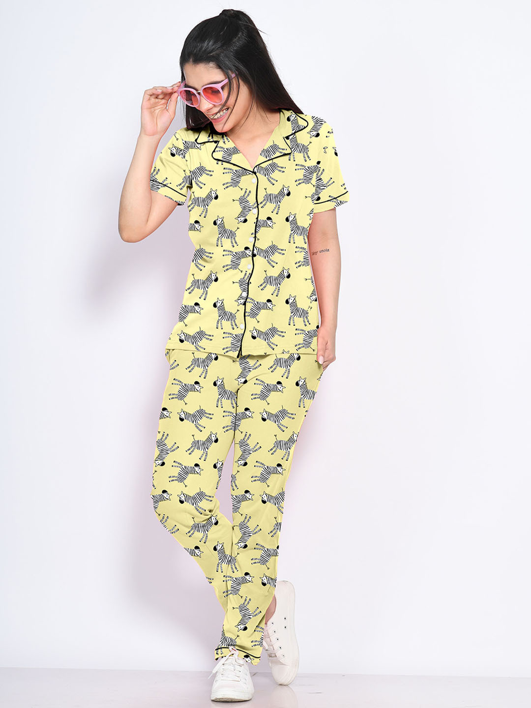 

NAP STORY Zebra Printed Shirt & Pyjama Nightsuit, Yellow