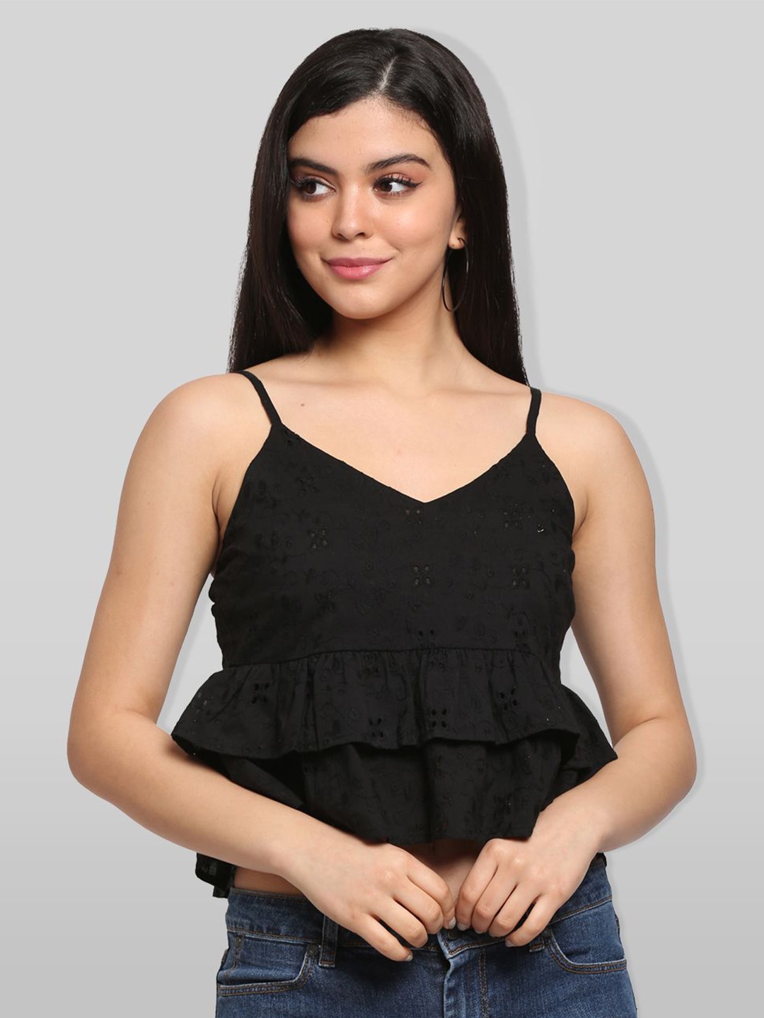 

all about you Women Cotton Self Design Empire Crop Top, Black