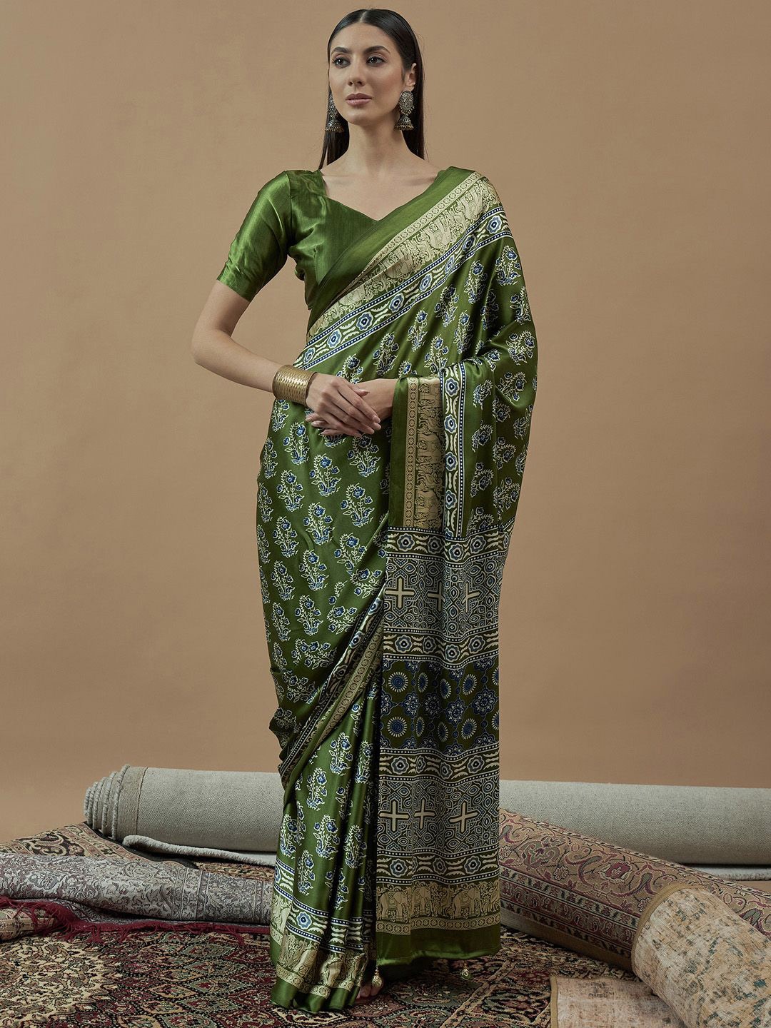 

Saree mall Ajrak Block Poly Crepe Designer Block Print Sarees, Green