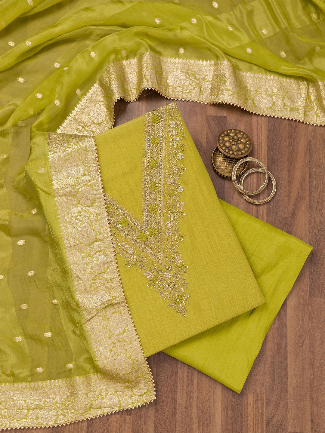

Koskii Embroidered Raw Silk Unstitched Dress Material, Green