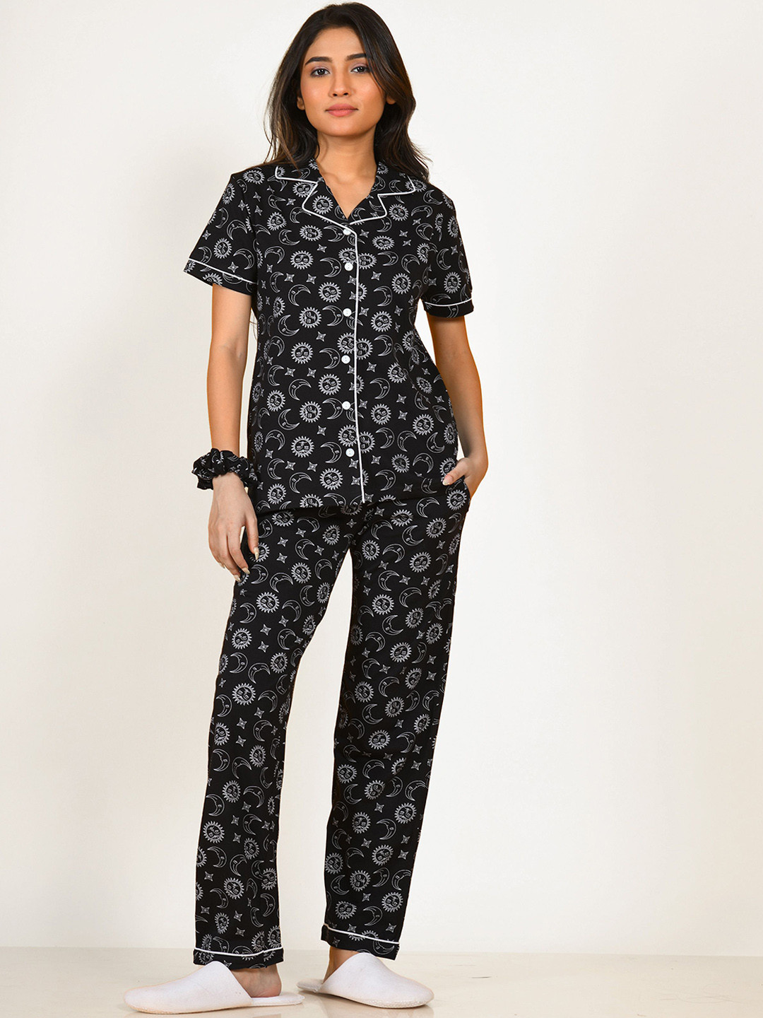 

NAP STORY Star Moon Printed Shirt & Pyjama Nightsuit, Black