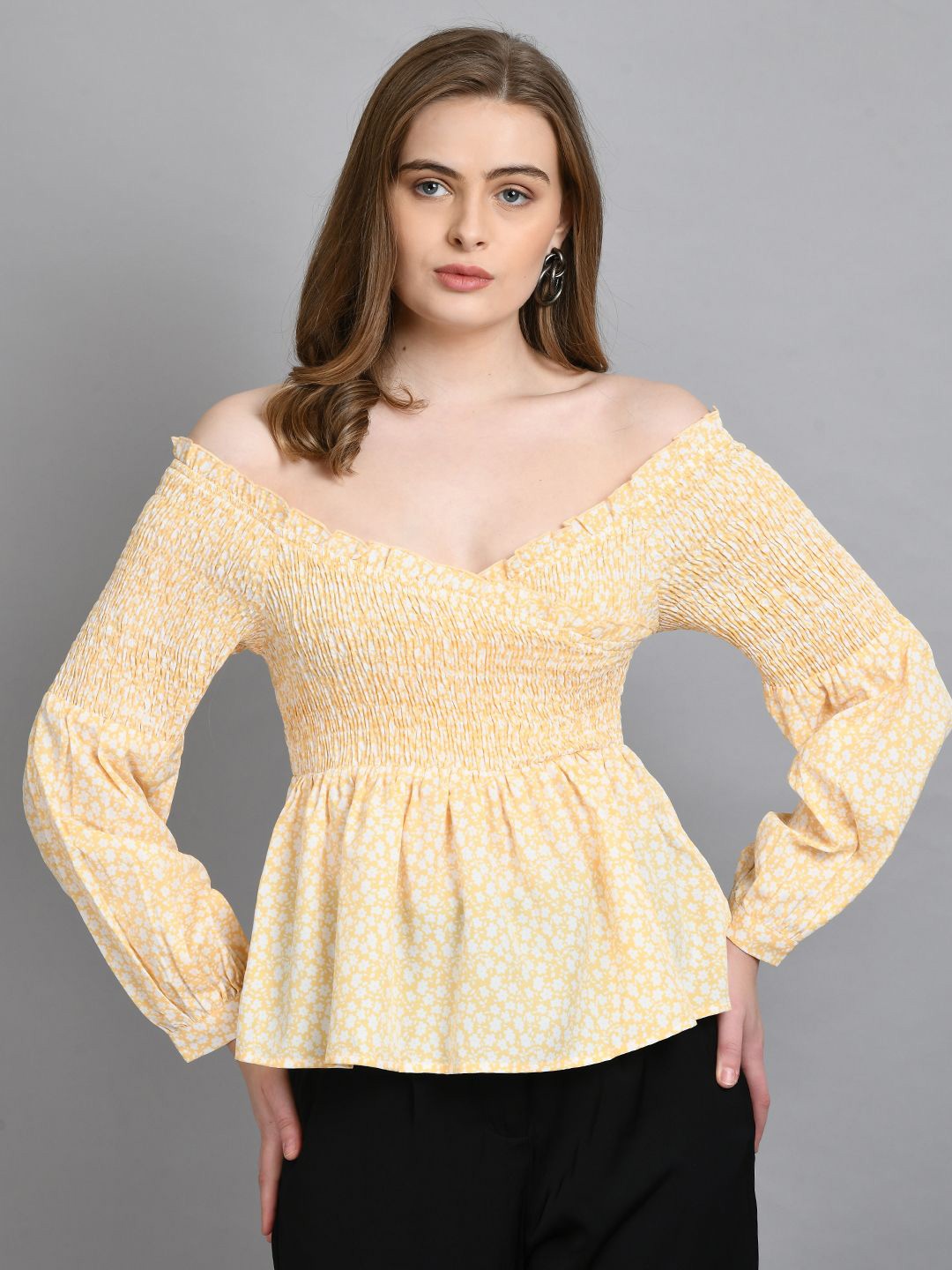 

all about you Women Polka Dot Print Off-Shoulder Puff Sleeve Peplum Top, Yellow