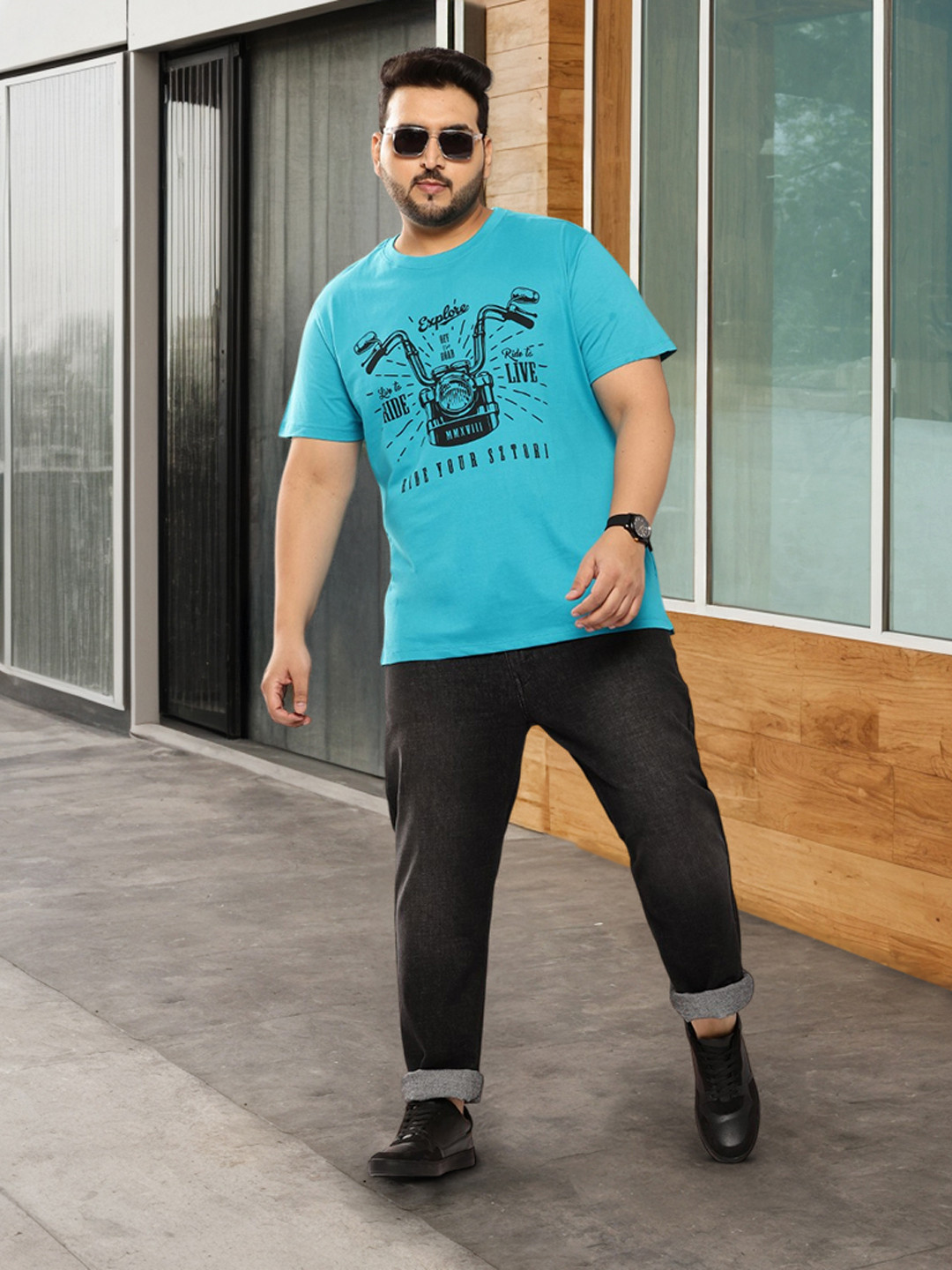 

Sztori Plus Size Printed Pure Cotton T-shirt, Blue