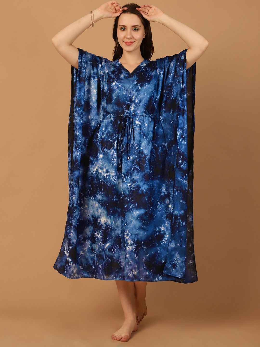 

Blissence Women Tie and Dye Kaftan Maxi Nightdress, Blue