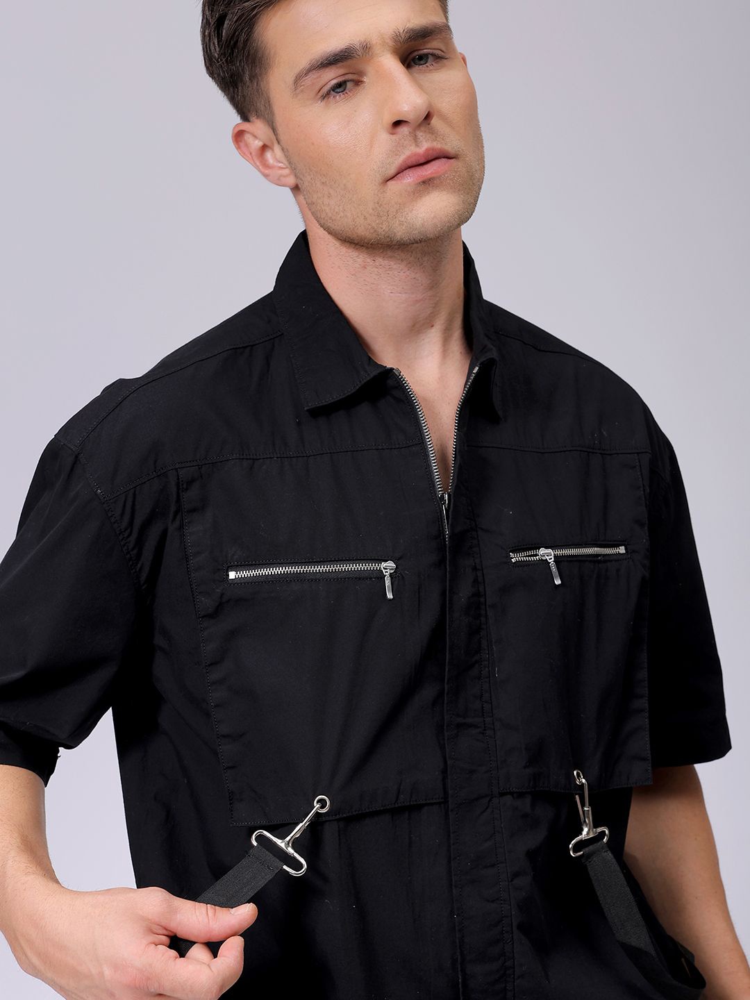

The Indian Garage Co Men Spread Collar Solid Cotton Relaxed Fit Casual Shirt, Black