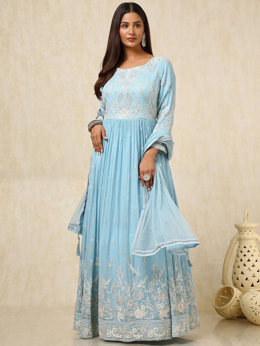 

Soch Women Floral Embroidered Pleated Sequinned Kurta with Churidar & With Dupatta, Blue