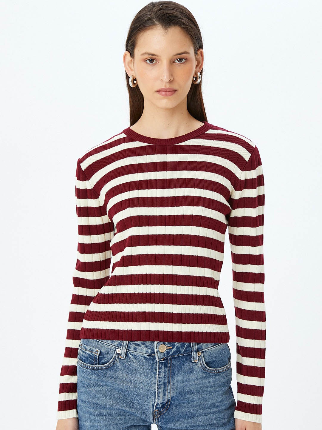 

Koton Women Striped Round Neck Long Sleeves Pullover, Red