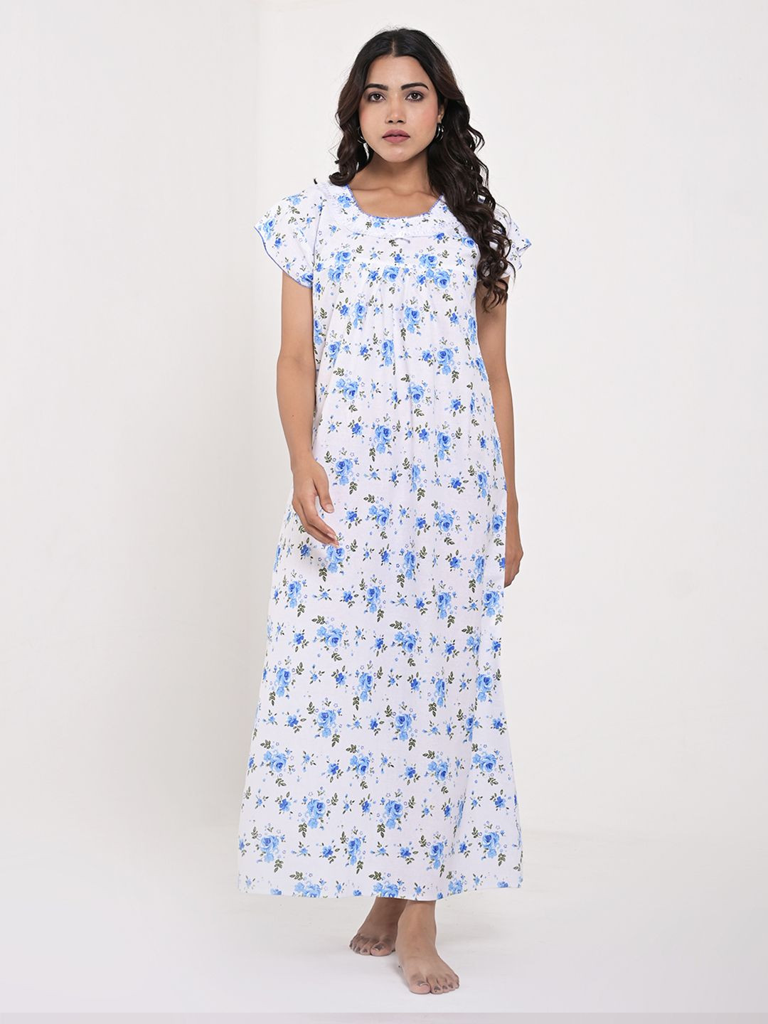 

Apratim Women Pure Cotton Floral Printed Maxi Nightdress, Blue