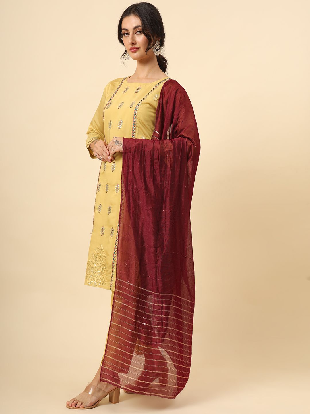 

HERE&NOW Women Embroidered Regular Sequinned Kurta with Trousers & With Dupatta, Yellow