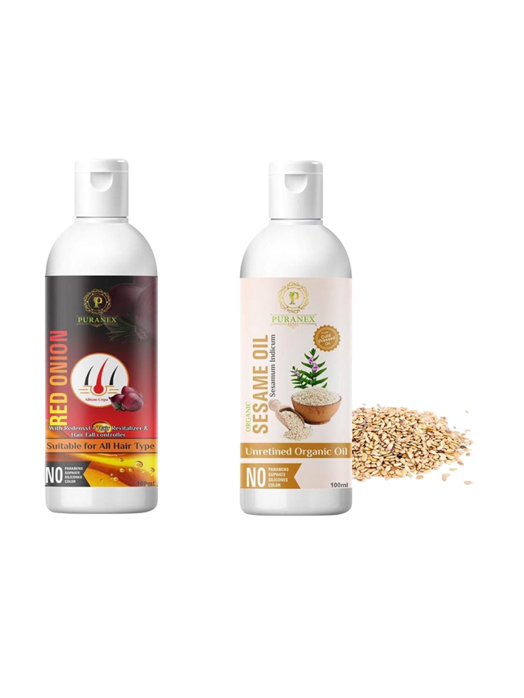 

Puranex Set Of 2 100% Cold Pressed Red Onion & Sesame Oils - 100 ml Each, Transparent