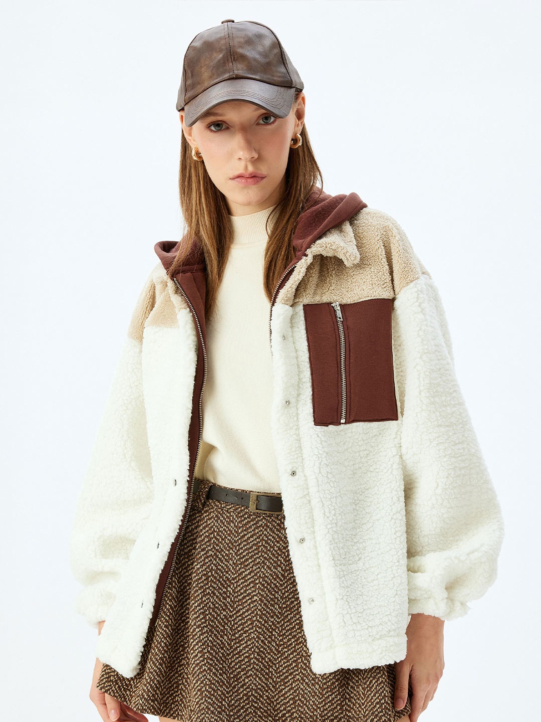 

Koton Women Colourblocked Front-Open Hooded Sweatshirt, Beige