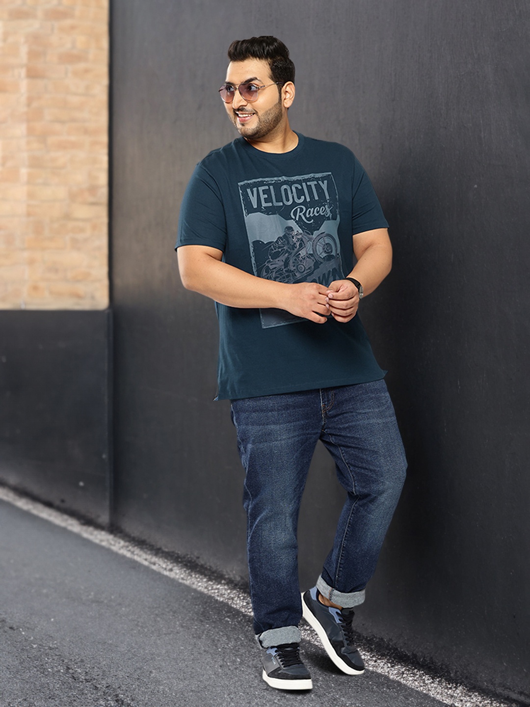 

Sztori Plus Size Pure Cotton Printed T-shirt, Navy blue