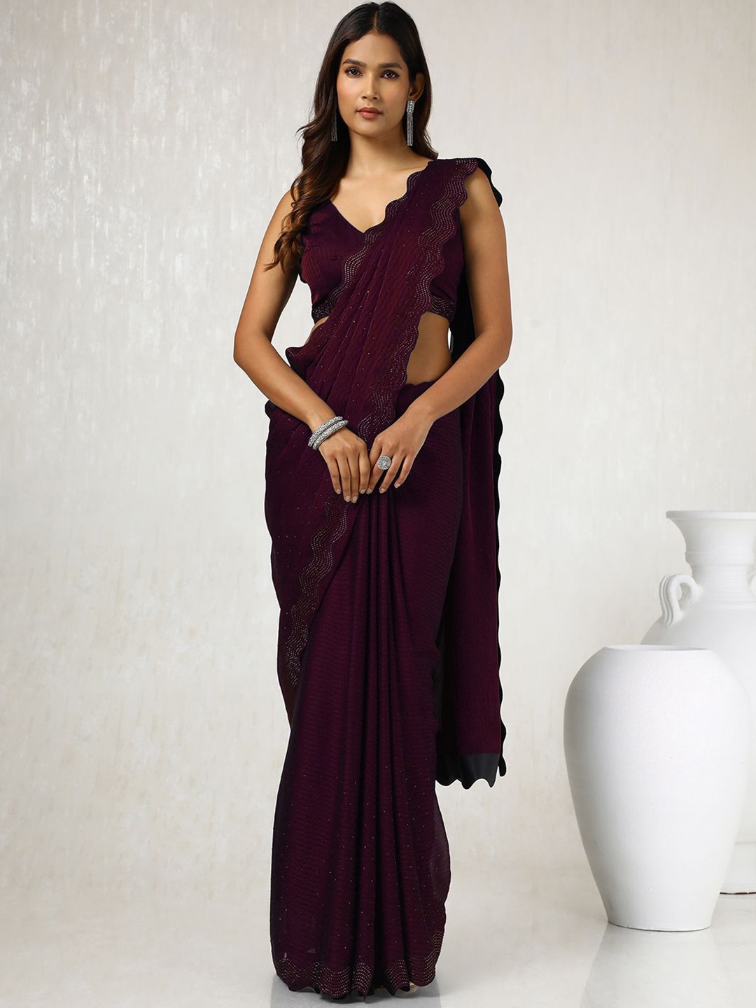 

Soch Embellished Beads and Stones Pure Chiffon Saree, Maroon