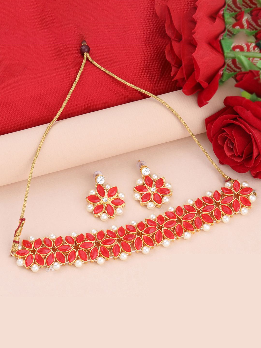 

Silver Shine Gold-Plated Stone-Studded & Pearl Beaded Jewellery Set, Red
