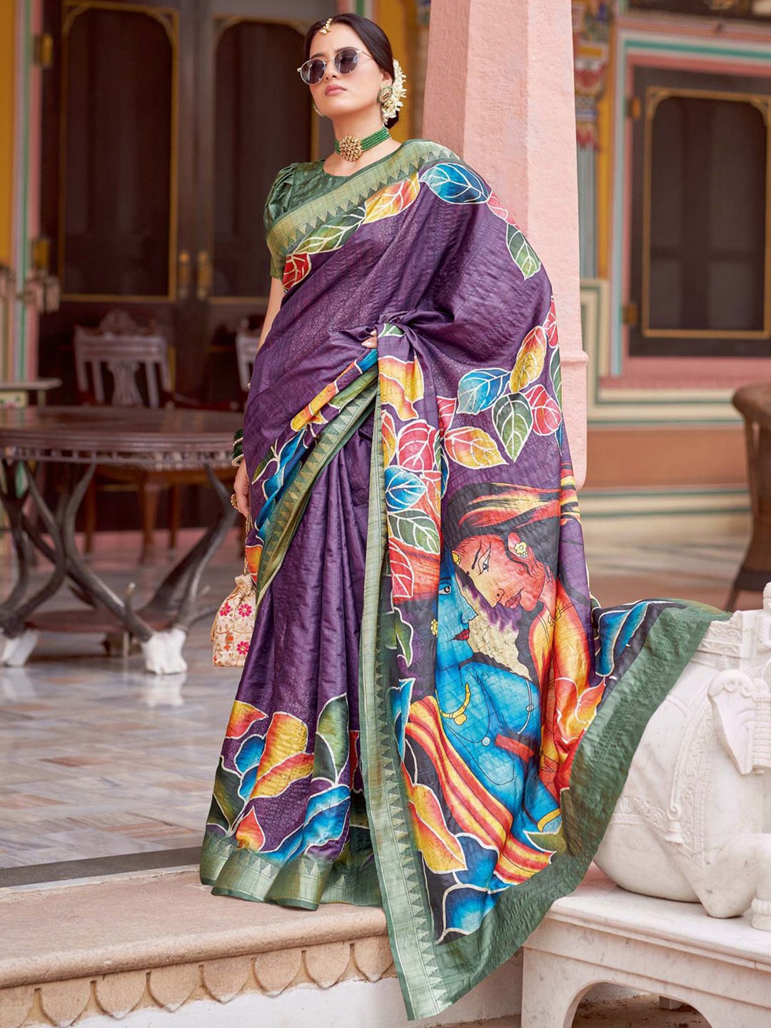 

Saree mall Kalamkari Zari Silk Blend Designer Sungudi Sarees, Purple