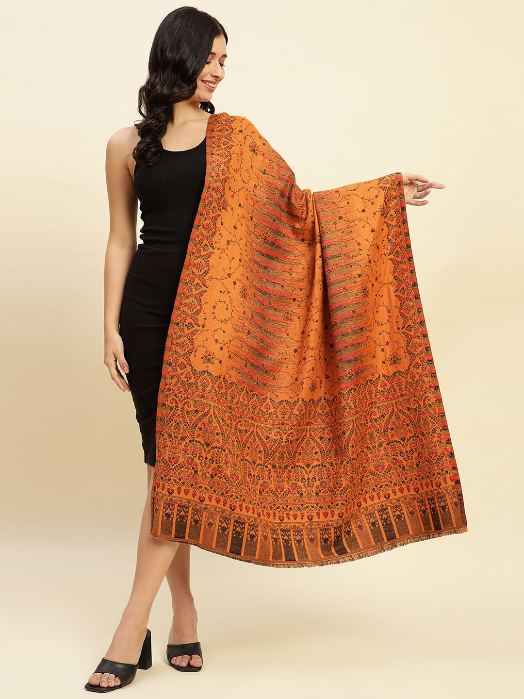 

WEAVERS VILLA Women Woven Design Shawl, Yellow