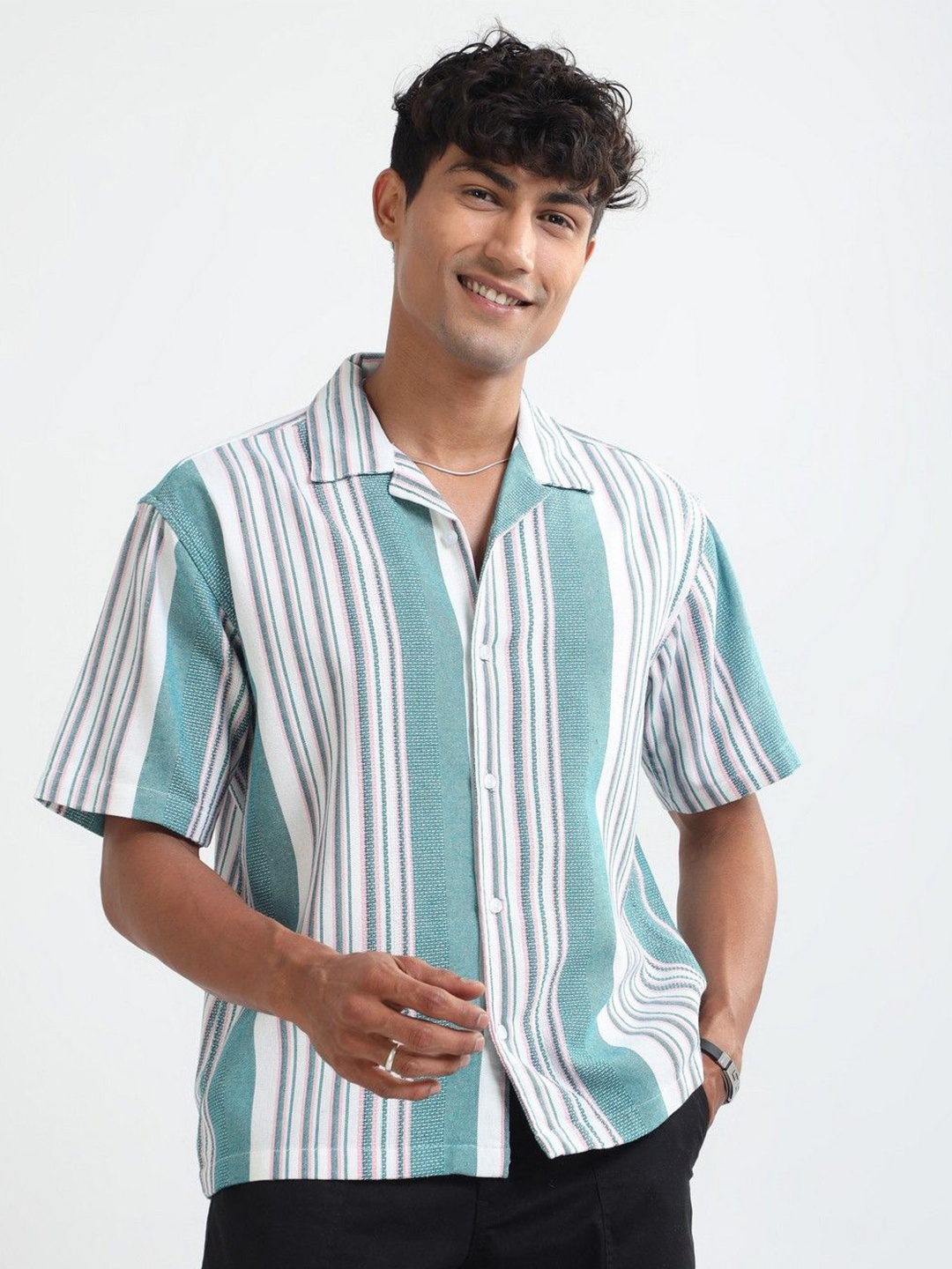 

NEVER NEUD Men Relaxed Striped Jacquard Oversized Casual Shirt, Green