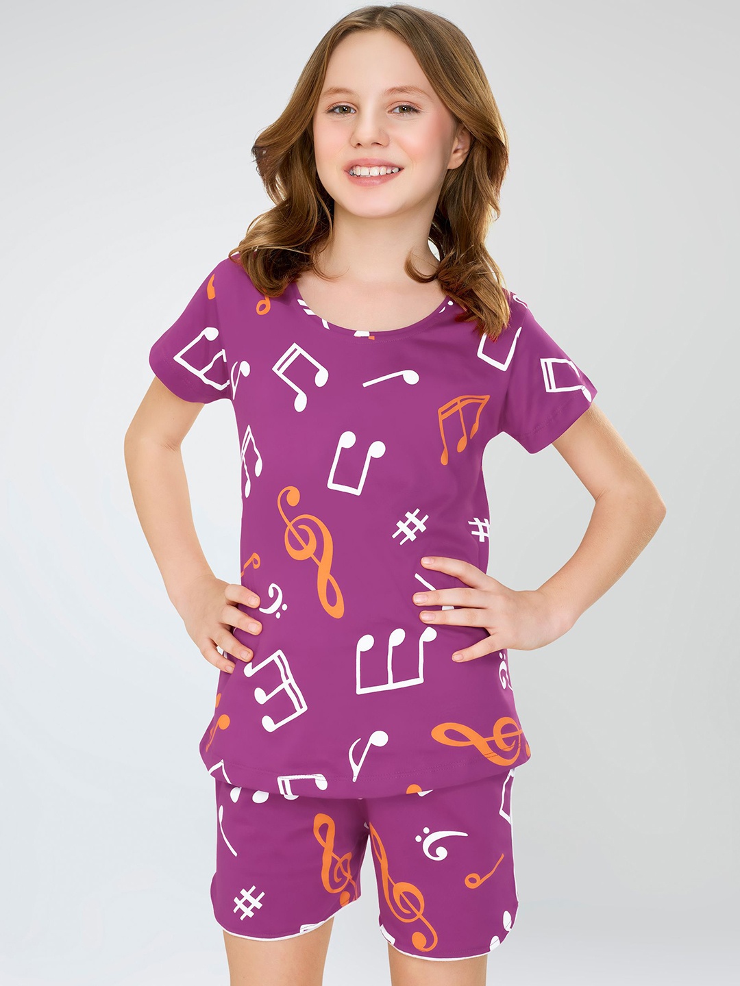 

Zeyo Girls Graphic Printed Pure Cotton Night suit, Purple