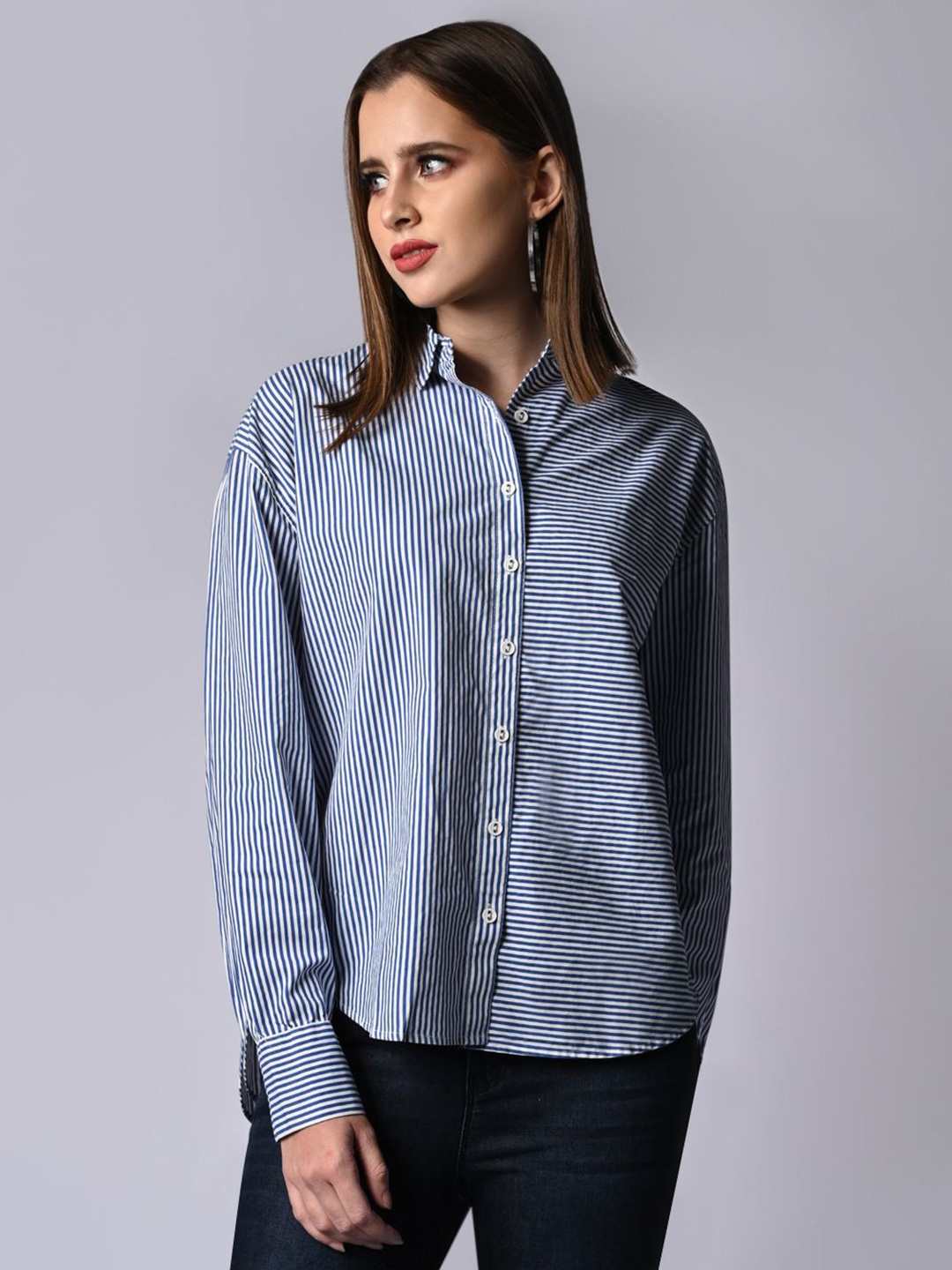 

Kraus Jeans Women Spread Collar Multi Striped Cotton Slim Fit Casual Shirt, Blue