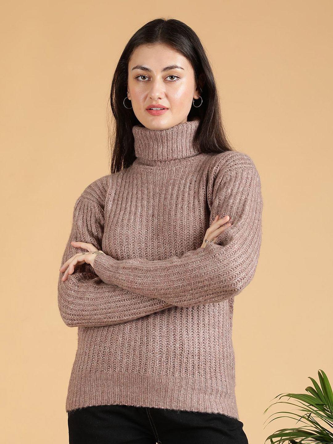

Stylecast X Kotty Women Cotton Turtle Neck Cable Knit Pullover Sweaters, Brown