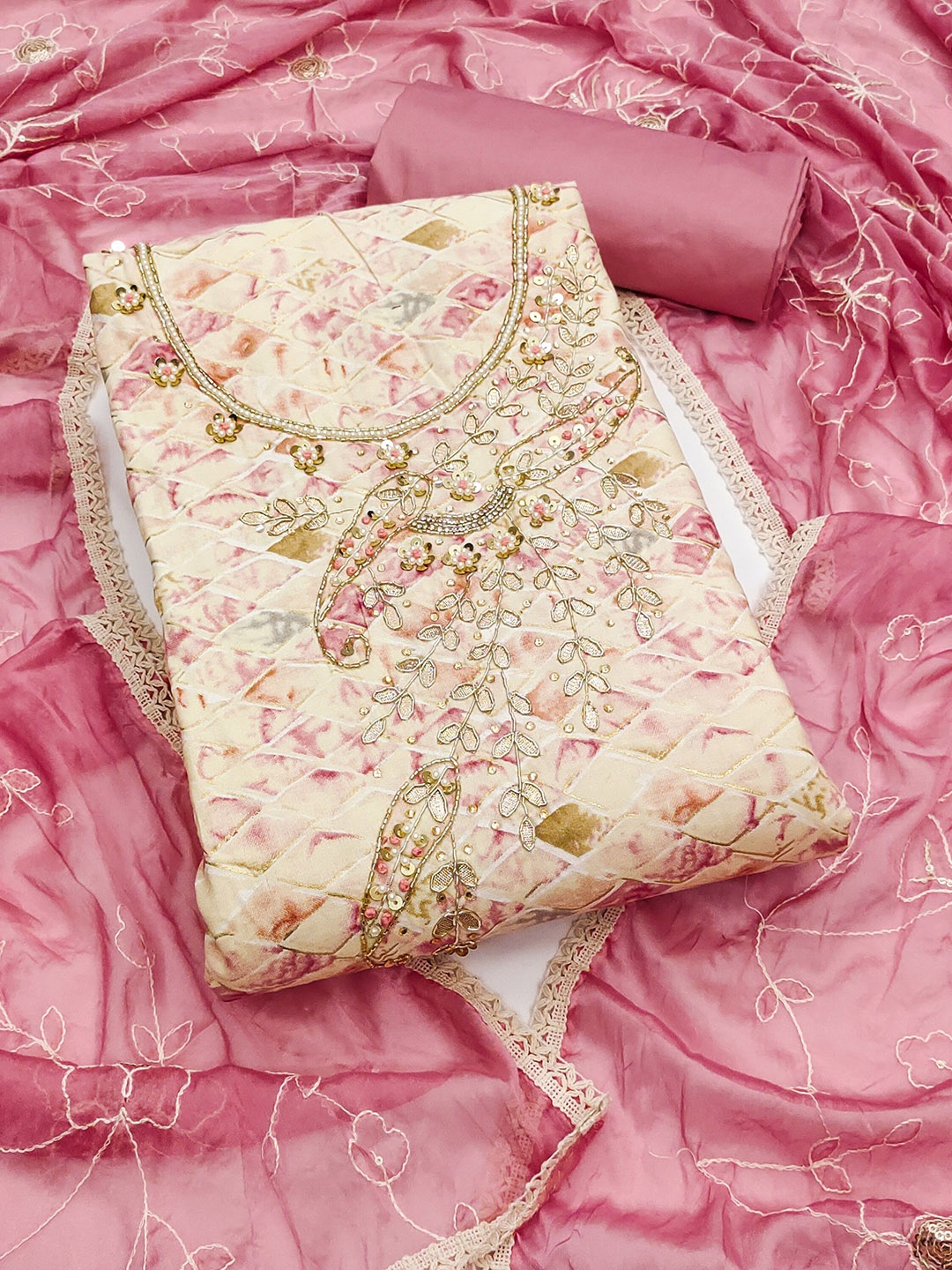 

KALINI Printed Pure Cotton Unstitched Dress Material, Beige