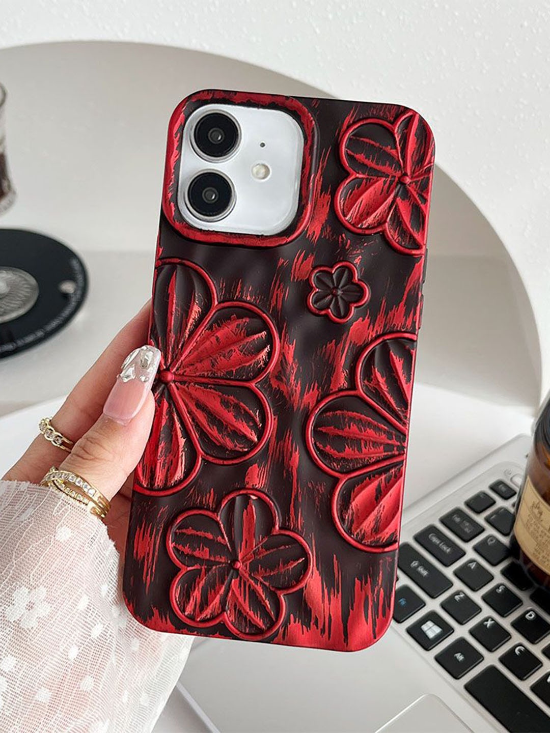 

Luxury Kase Floral Printed iPhone 12 Back Case Mobile Accessories, Red