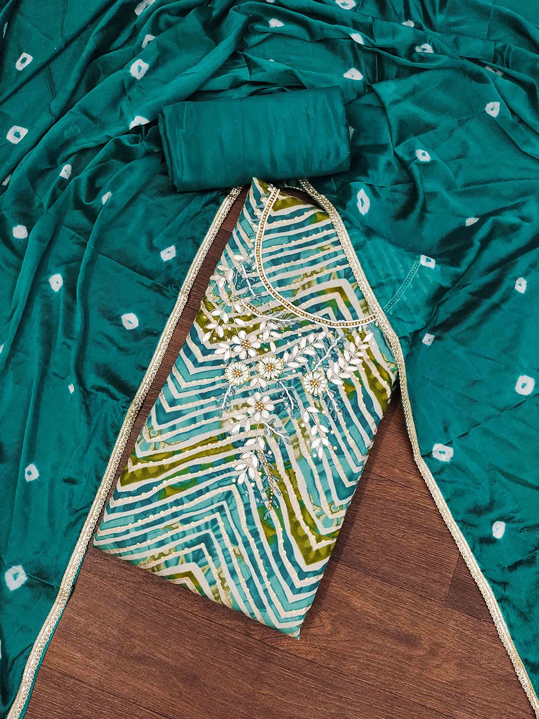 

KALINI Embellished Unstitched Dress Material, Teal