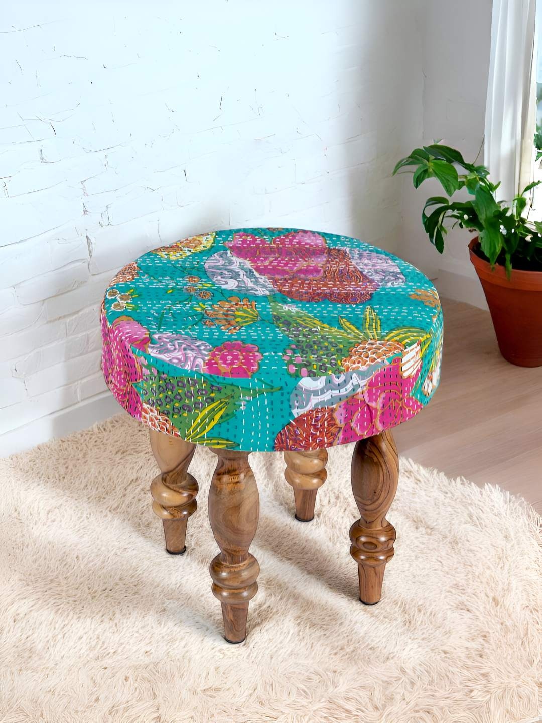 

Ikiriya Roswell Sheesham Wood Mid Century Floral Print Kantha Upholstery Round Stool, Teal