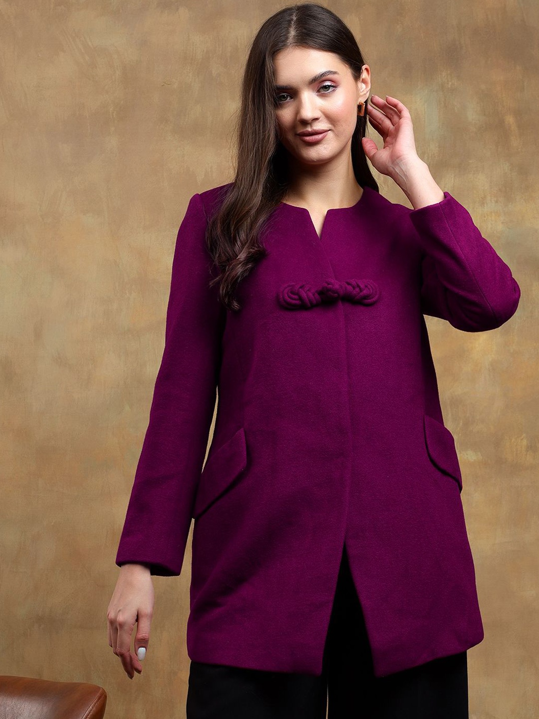 

Kotty Solid Long Sleeves Overcoat, Purple