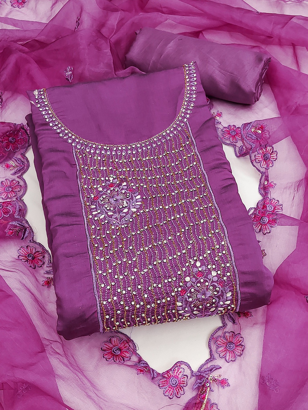 

KALINI Embroidered Pure Silk Unstitched Dress Material, Purple
