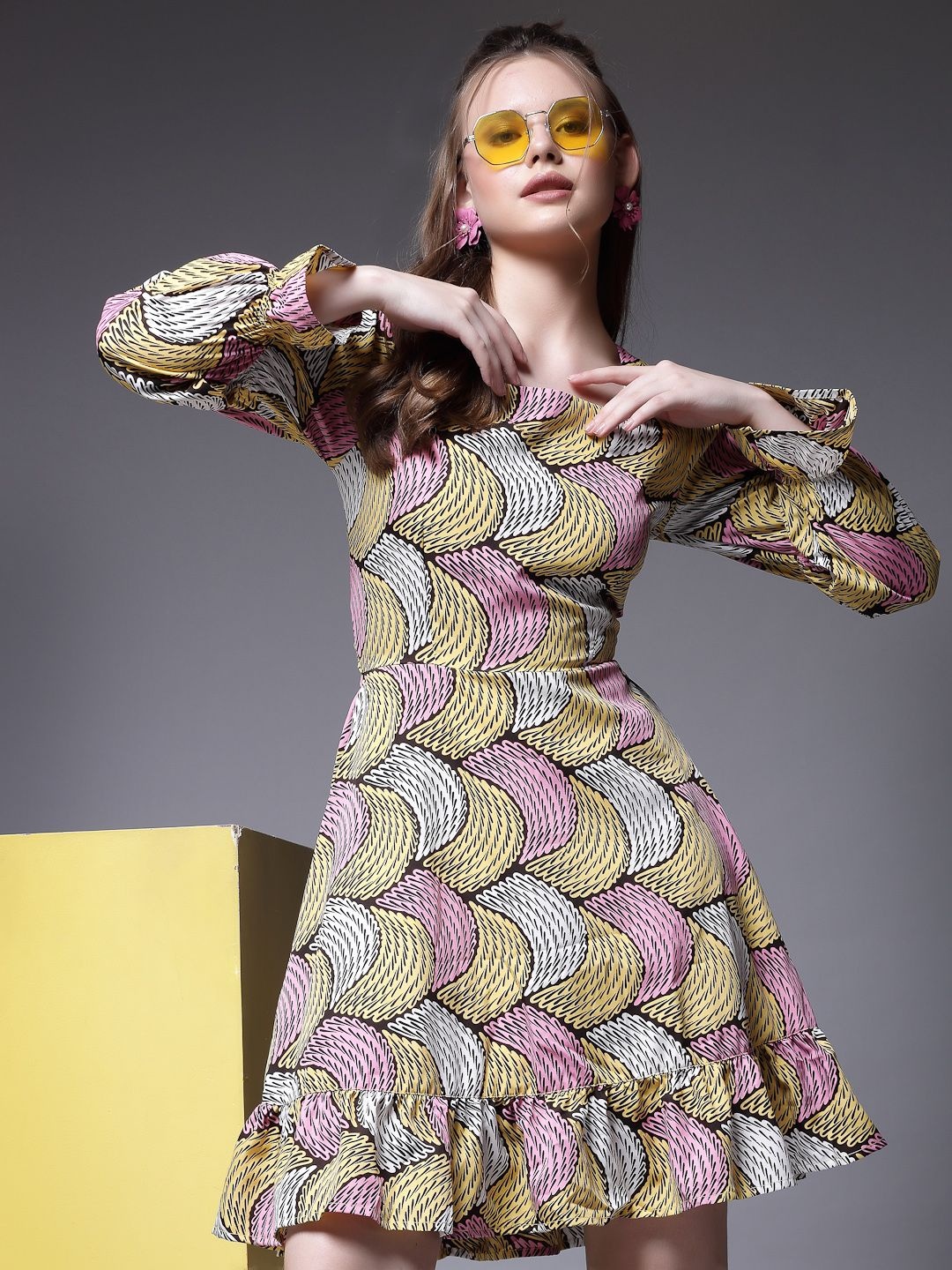 

BEING NAUGHTY Women Printed Bell Sleeve A-Line Dress, Yellow