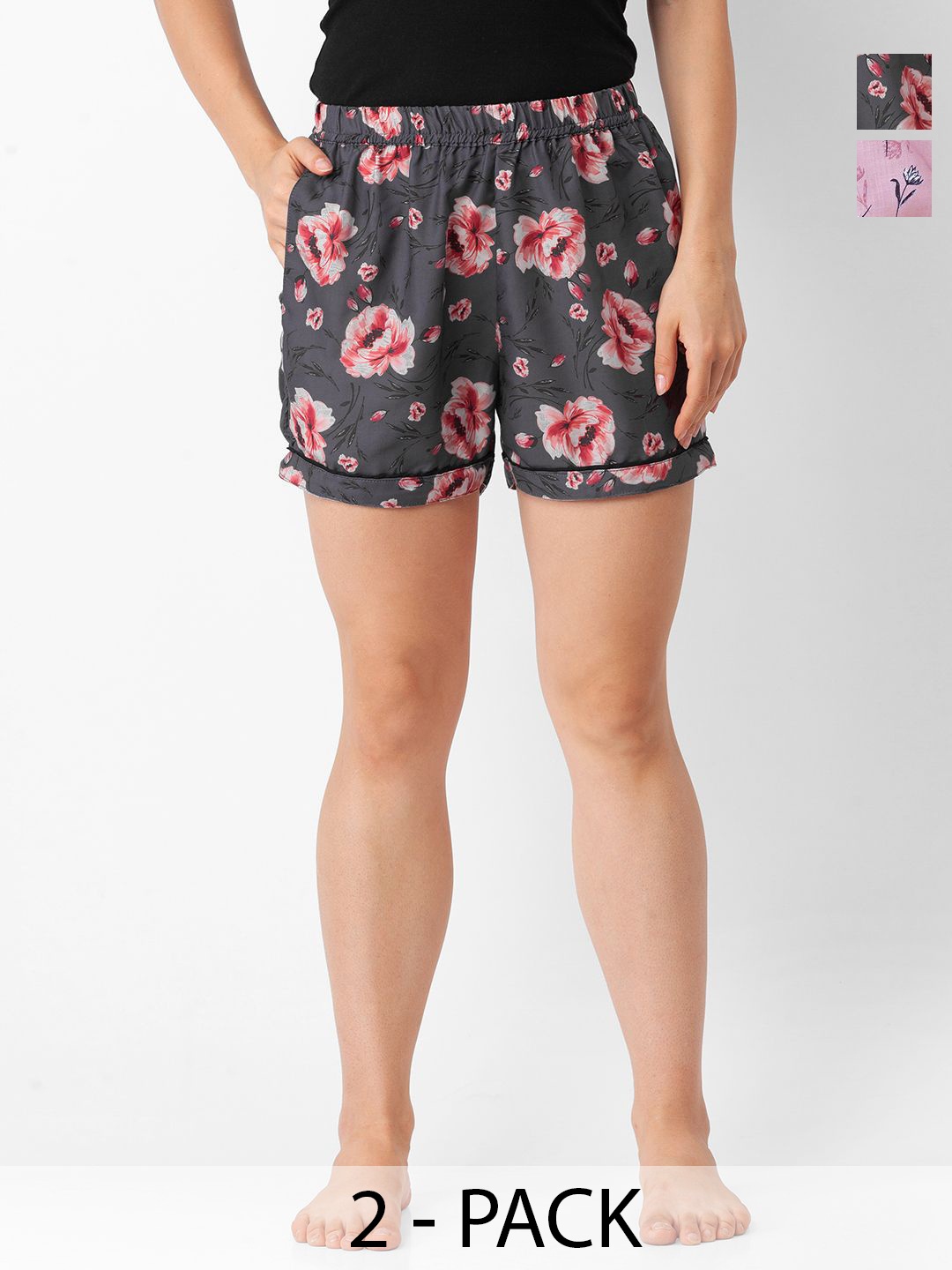 

FashionRack Women Pack Of 2 Printed Lounge Shorts, Black