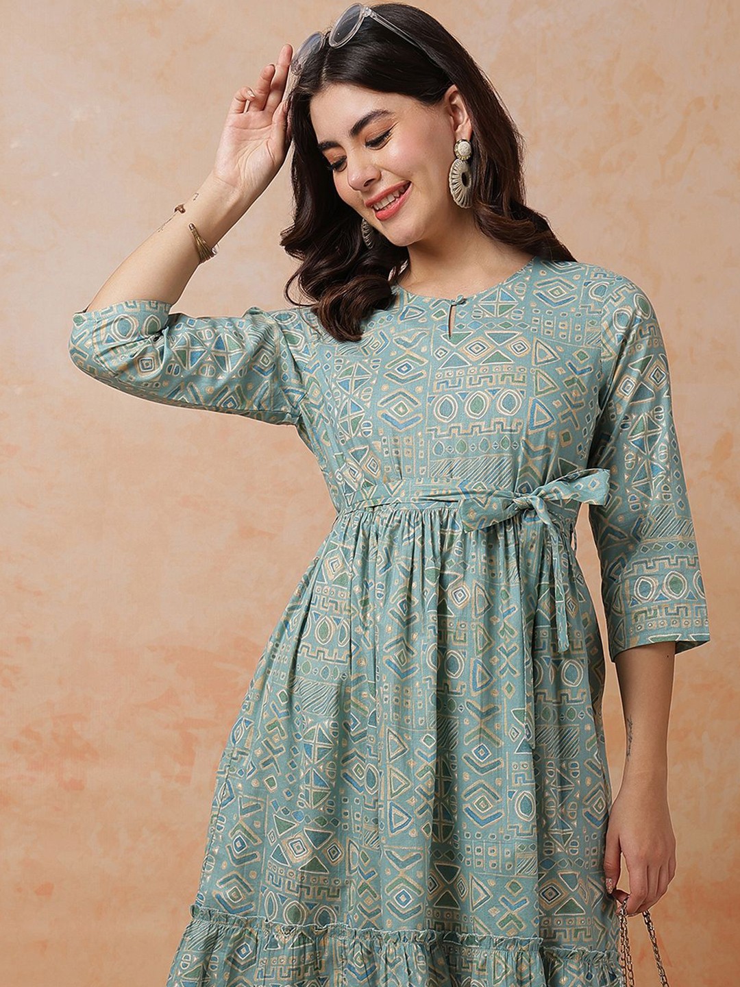 

Anouk Women Ethnic Motifs Printed Fit and Flare Dress, Turquoise blue