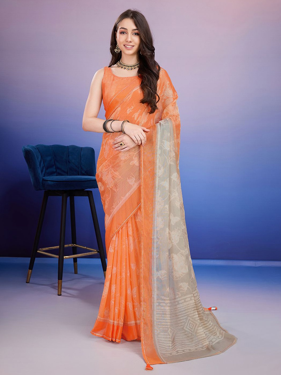 

Rekha Maniyar Floral Brasso Block Print Saree, Coral