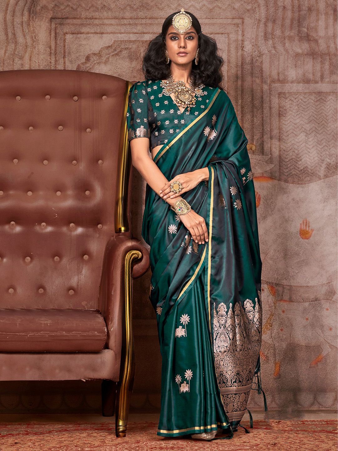 

Mitera Ethnic Motifs Zari Satin Designer Gadwal Saree, Green