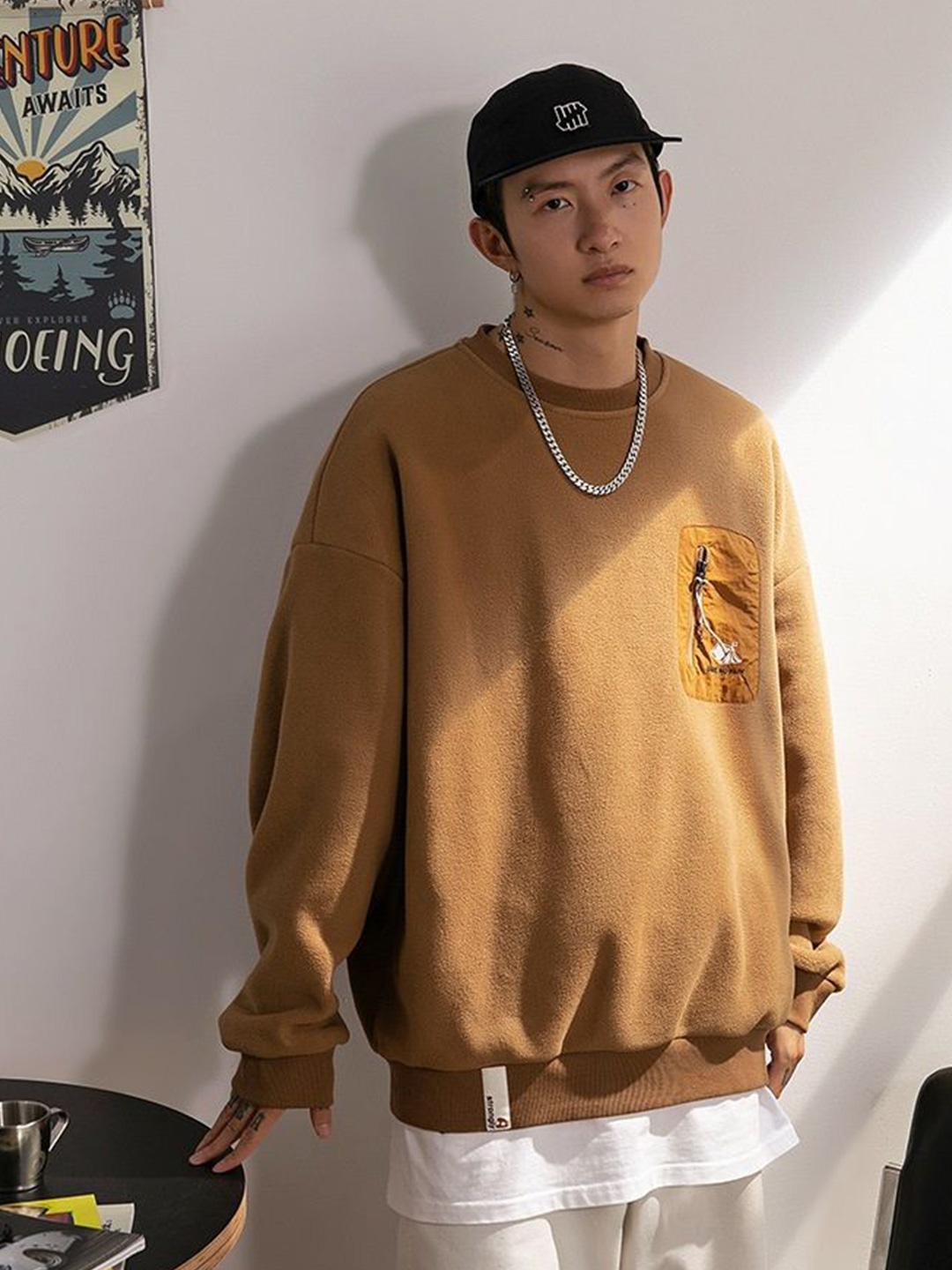 

HERE&NOW Men Printed Long Sleeves Round Neck Sweatshirt, Khaki