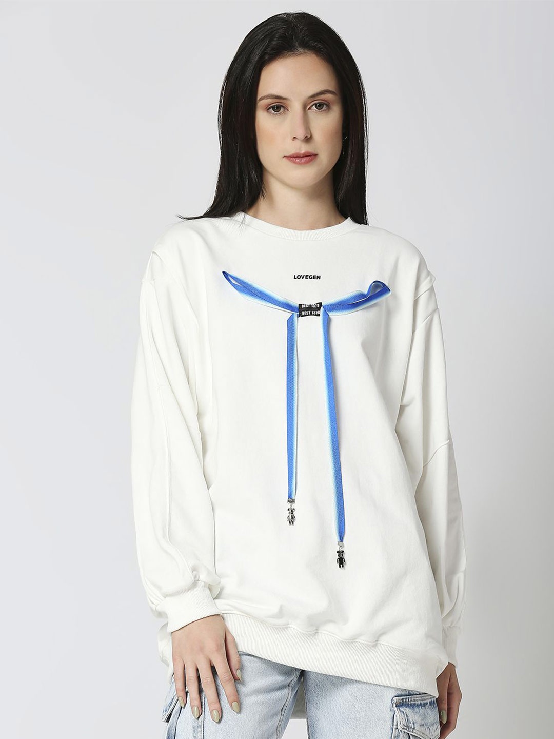 

LOVEGEN Women Printed Round Neck Pullover Sweatshirt, White