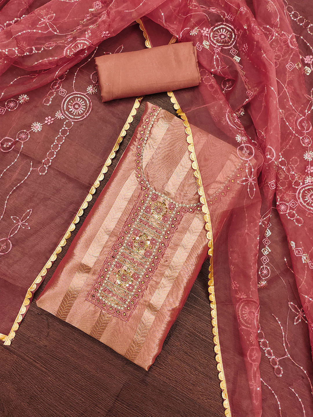 

KALINI Organza Unstitched Dress Material, Pink